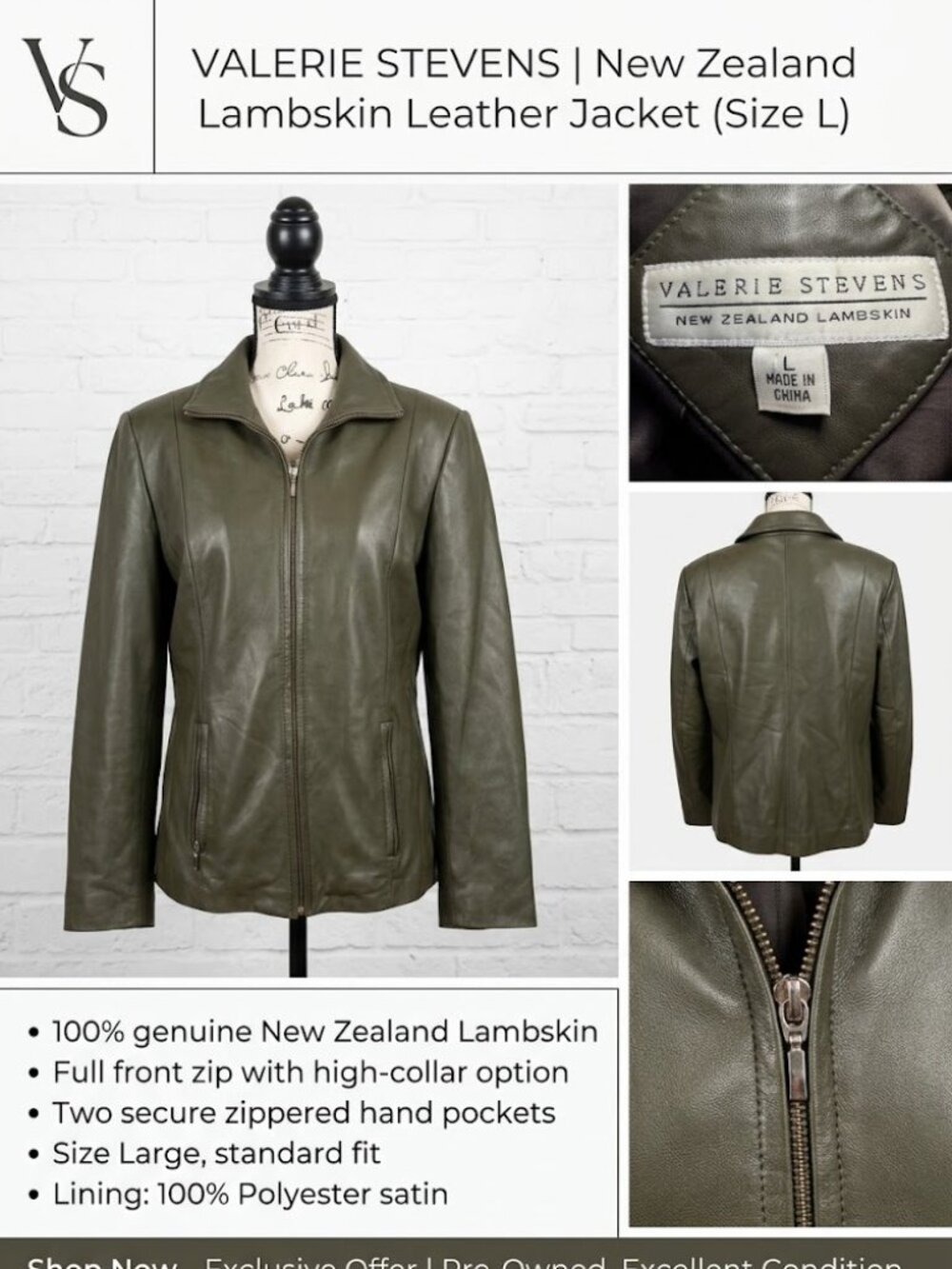 New Zealand Lambskin Leather Jacket by Valerie Stevens--Sz Large
